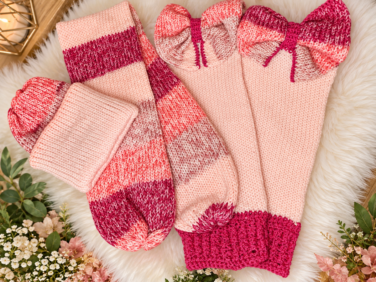 Baby, It’s Cold Outside pink handmade winter accessory set with beanie, scarf, leg warmers and bows