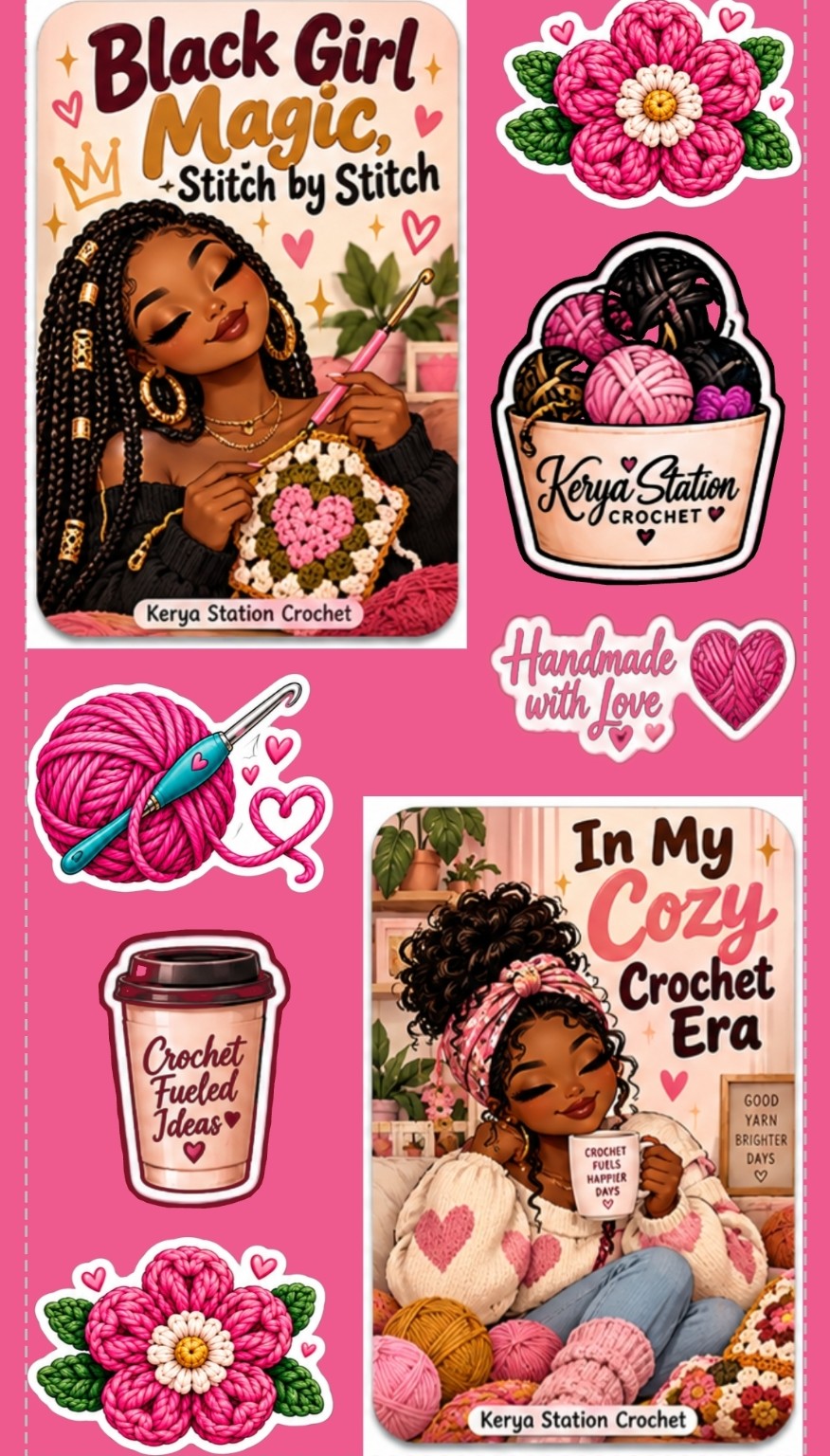 Kerya Station Crochet sticker sheet with Black Girl Magic Stitch by Stitch, In My Cozy Crochet Era, yarn and flower stickers