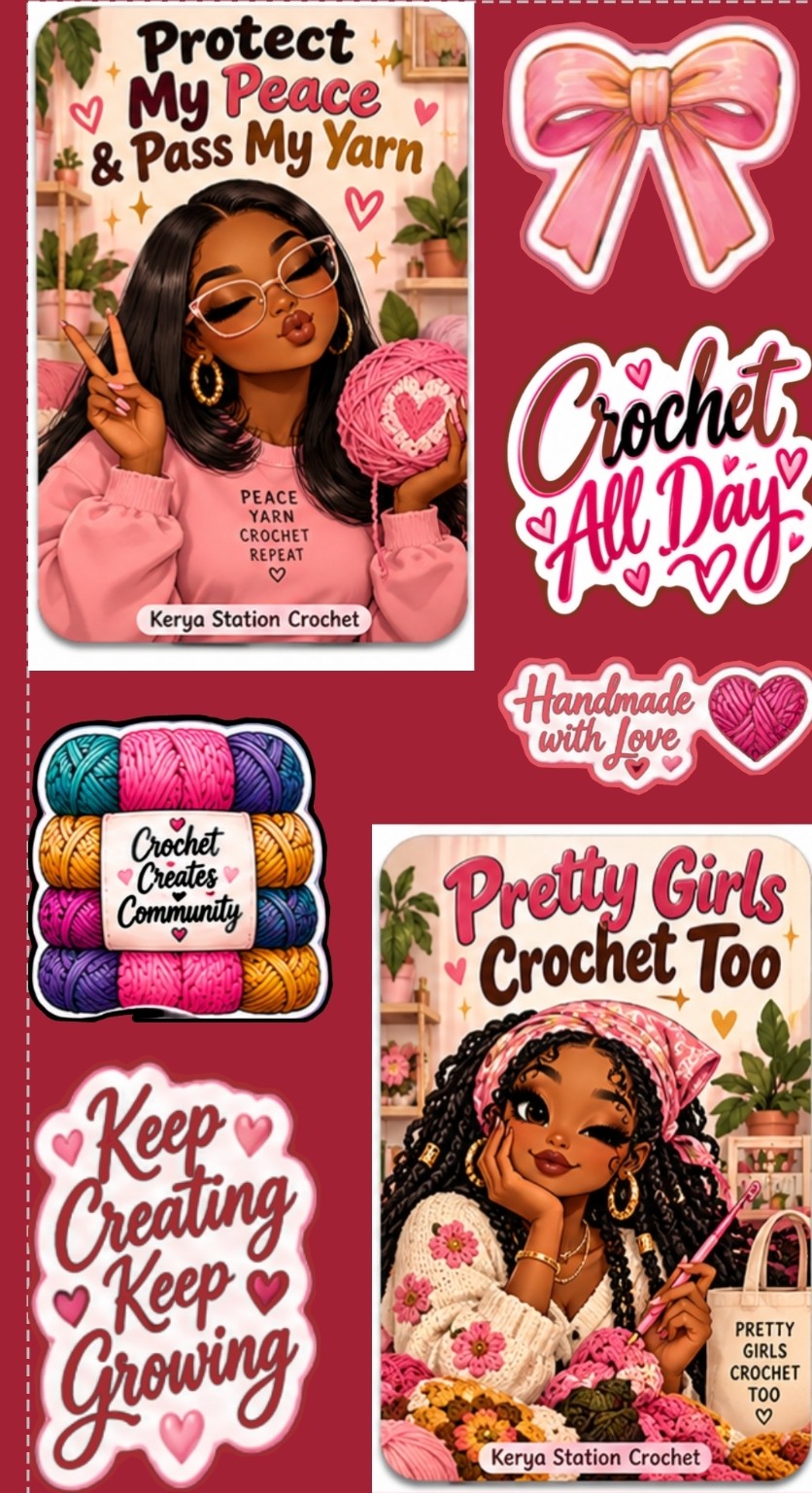 Kerya Station Crochet sticker sheet with Protect My Peace and Pass My Yarn, Pretty Girls Crochet Too, Crochet All Day, and community stickers