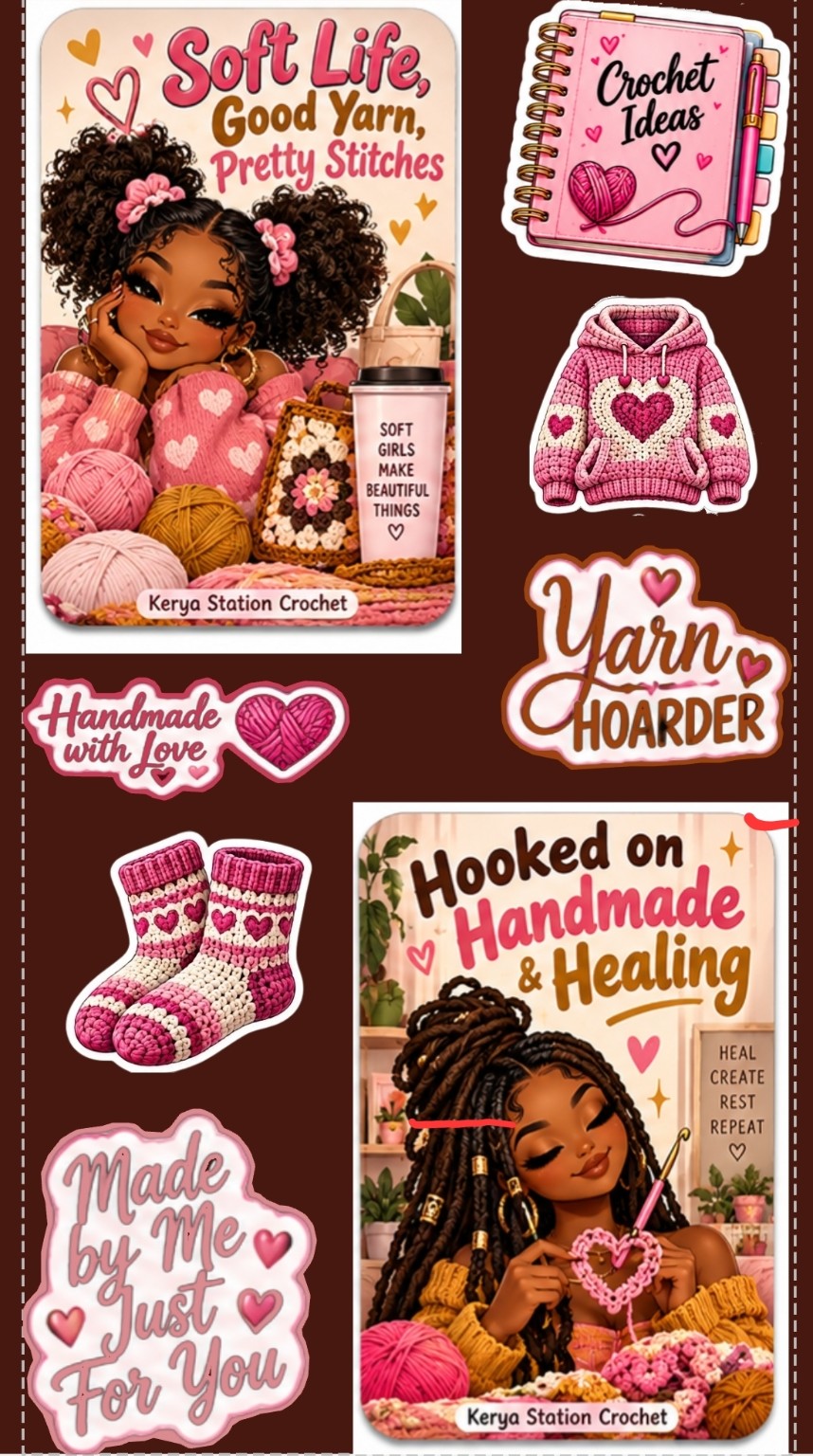 Kerya Station Crochet sticker sheet with Soft Life Good Yarn Pretty Stitches, Yarn Hoarder, Hooked on Handmade and Healing, and crochet-themed stickers