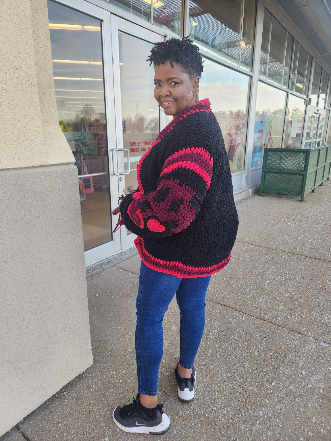 Too Thick black red and burgundy crochet jacket