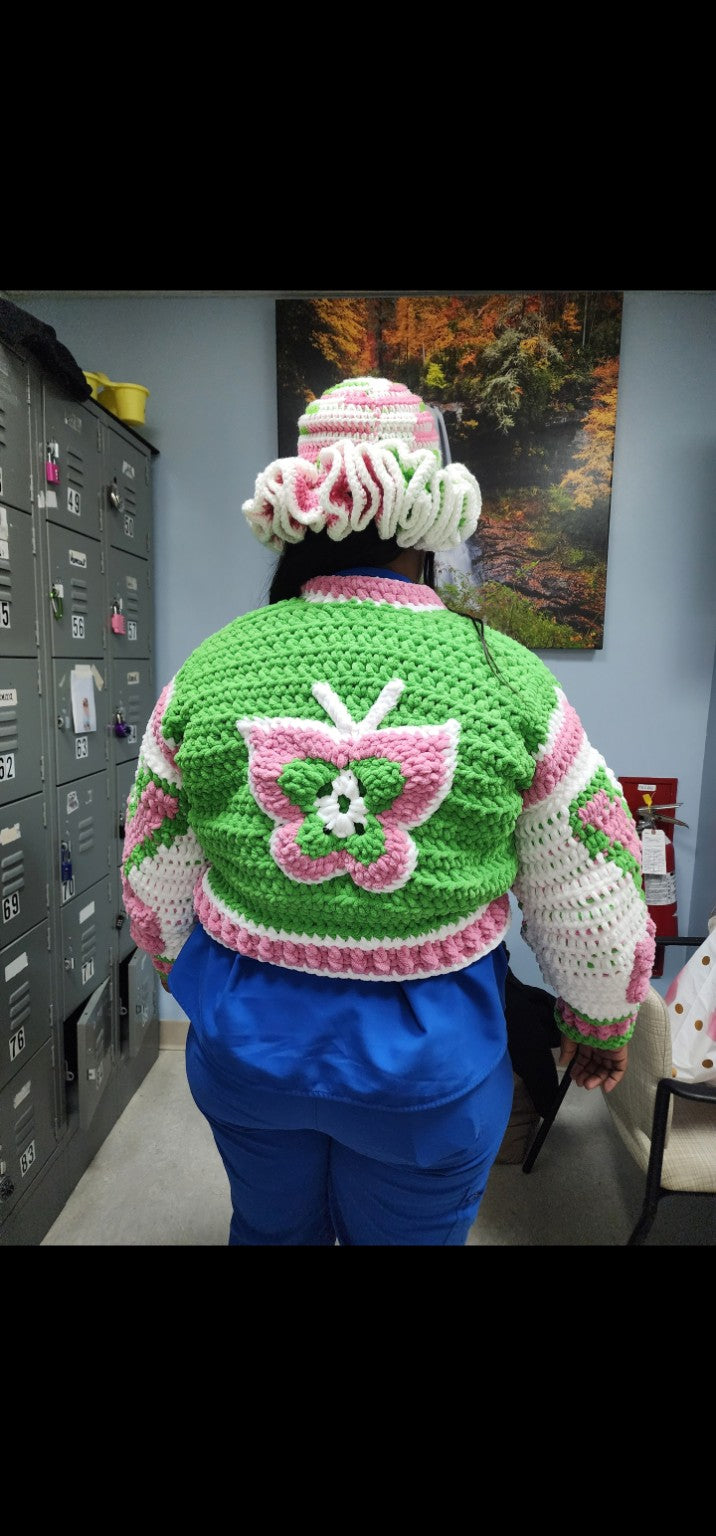 Too Thick green pink and white crochet jacket back view