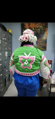 Too Thick green pink and white crochet jacket back view