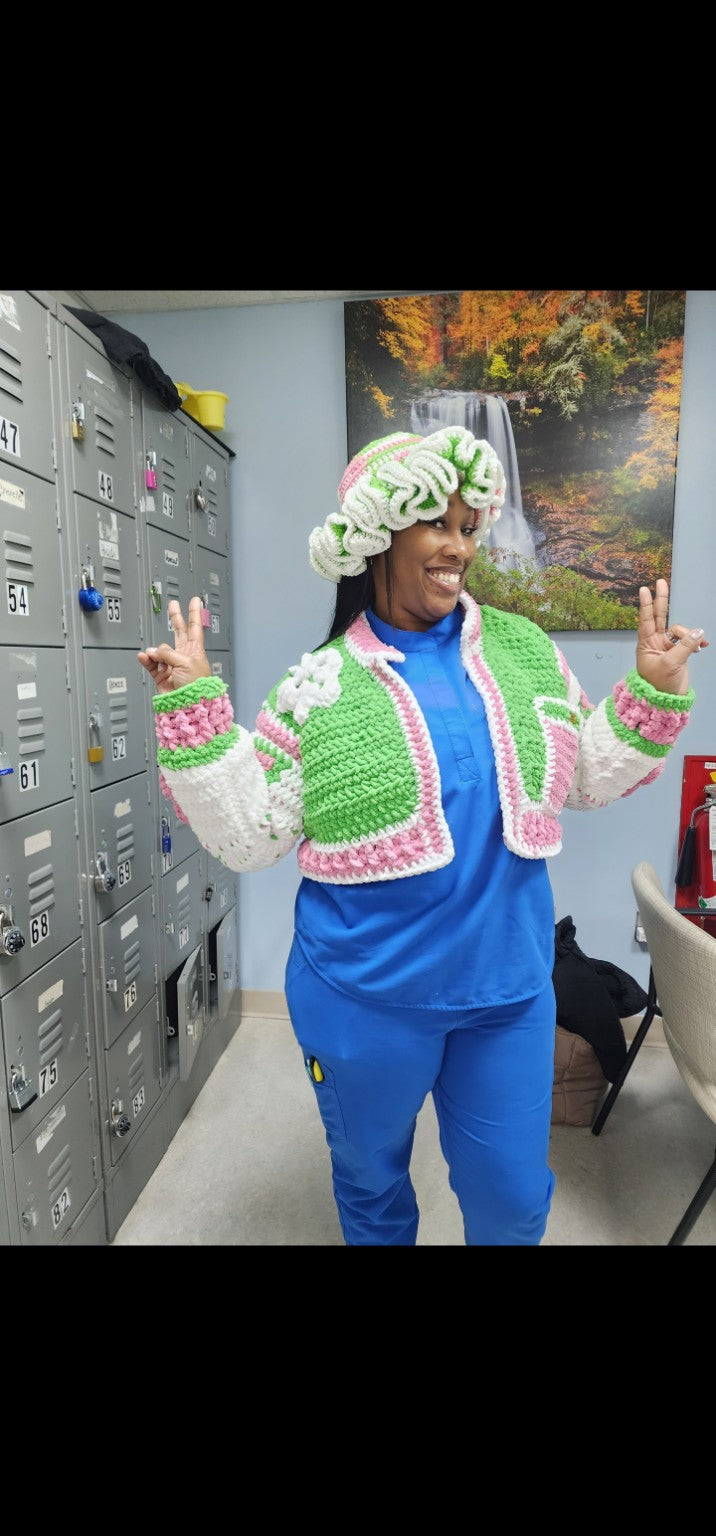 Too Thick green pink and white crochet jacket front view