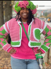 Too Thick pink green and white crochet heart jacket