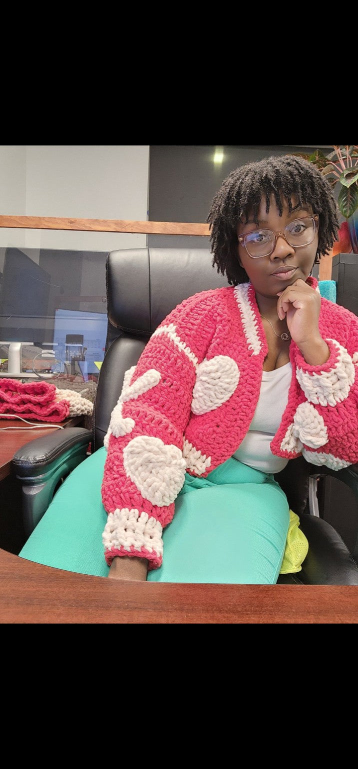 Too Thick pink and cream heart crochet jacket