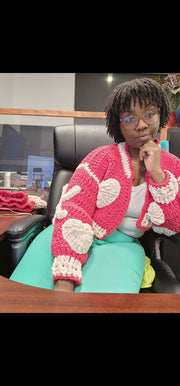 Too Thick pink and cream heart crochet jacket