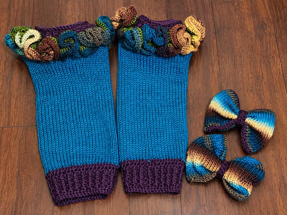 Whimsical Leg Warmers shown with detachable bows beside them